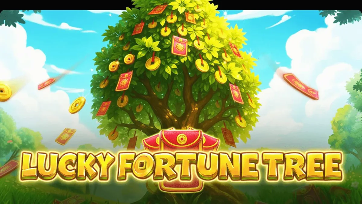 Pohon keberuntungan emas dalam slot Lucky Fortune Tree dengan latar belakang lembah Asia yang tenang